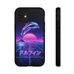 Neon Dolphin Retro Wave Tough Case | Vaporwave Japanese Text, 80s Synth Sunset