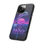 Neon Dolphin Retro Wave Tough Case | Vaporwave Japanese Text, 80s Synth Sunset