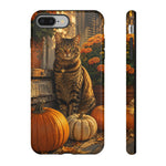 Tabby Cat with Pumpkins phone case | Autumn Halloween fall scene