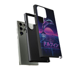 Neon Dolphin Retro Wave Tough Case | Vaporwave Japanese Text, 80s Synth Sunset