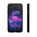 Neon Dolphin Retro Wave Tough Case | Vaporwave Japanese Text, 80s Synth Sunset