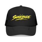 Sunnyside Houston Trucker Hat Bold Script Snapback Neon Yellow Streetwear Texas Foam Cap