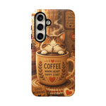 Coffee Cat Phone Case, Cozy Morning Folk Art Cover, Gift