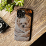 Maltese Puppy Burrito Phone Case, Cozy Blanket Portrait