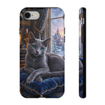 Regal Russian Blue Cat on Cushion Phone Case | Winter Castle Scene