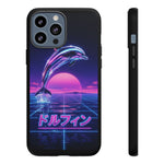 Neon Dolphin Retro Wave Tough Case | Vaporwave Japanese Text, 80s Synth Sunset