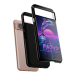 Neon Dolphin Retro Wave Tough Case | Vaporwave Japanese Text, 80s Synth Sunset