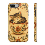 Teacup Cat Phone Case, Cozy Folk Illustration Art Cover