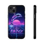 Neon Dolphin Retro Wave Tough Case | Vaporwave Japanese Text, 80s Synth Sunset