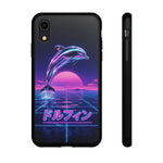 Neon Dolphin Retro Wave Tough Case | Vaporwave Japanese Text, 80s Synth Sunset