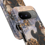 Bernese Mountain Dog Winter Scene phone case | snowy cabin, log cart
