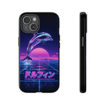 Neon Dolphin Retro Wave Tough Case | Vaporwave Japanese Text, 80s Synth Sunset