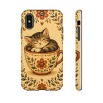 Teacup Cat Phone Case, Cozy Folk Illustration Art Cover