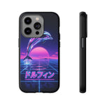 Neon Dolphin Retro Wave Tough Case | Vaporwave Japanese Text, 80s Synth Sunset