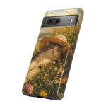 Summer Sunhat Cat Phone Case, Painterly Grass Art Cover