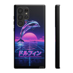 Neon Dolphin Retro Wave Tough Case | Vaporwave Japanese Text, 80s Synth Sunset
