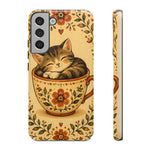 Teacup Cat Phone Case, Cozy Folk Illustration Art Cover