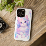 Pastel Cat Phone Case, Headphones Glitch Color Block Cover