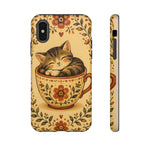Teacup Cat Phone Case, Cozy Folk Illustration Art Cover