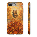 Yorkshire Terrier Jumping in Autumn Leaves Tough Case | Fall Dog Phone Cover