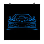 C8 Poster Blue Line Art Front View Chevy Sports Car Wall Print Garage Decor