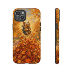 Yorkshire Terrier Jumping in Autumn Leaves Tough Case | Fall Dog Phone Cover