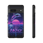 Neon Dolphin Retro Wave Tough Case | Vaporwave Japanese Text, 80s Synth Sunset