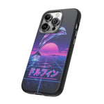 Neon Dolphin Retro Wave Tough Case | Vaporwave Japanese Text, 80s Synth Sunset