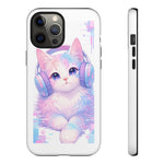 Pastel Cat Phone Case, Headphones Glitch Color Block Cover