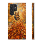 Yorkshire Terrier Jumping in Autumn Leaves Tough Case | Fall Dog Phone Cover