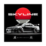 R34 Skyline Matte Poster – Black JDM Car with Rising Sun Art