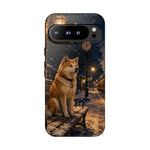 Shiba Inu at Snowy Train Station Phone Case | Winter Dog Scene