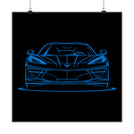 C8 Poster Blue Line Art Front View Chevy Sports Car Wall Print Garage Decor
