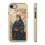 Samurai Cat Phone Case, Cherry Blossom Katana Art Cover
