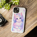 Pastel Cat Phone Case, Headphones Glitch Color Block Cover