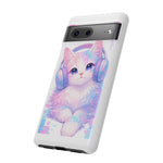 Pastel Cat Phone Case, Headphones Glitch Color Block Cover