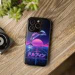 Neon Dolphin Retro Wave Tough Case | Vaporwave Japanese Text, 80s Synth Sunset