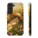 Summer Sunhat Cat Phone Case, Painterly Grass Art Cover