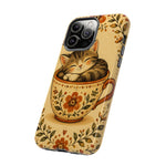 Teacup Cat Phone Case, Cozy Folk Illustration Art Cover