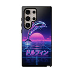 Neon Dolphin Retro Wave Tough Case | Vaporwave Japanese Text, 80s Synth Sunset