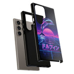Neon Dolphin Retro Wave Tough Case | Vaporwave Japanese Text, 80s Synth Sunset