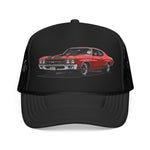 Red Classic Muscle Car Mesh Back Trucker Hat | Vintage Chevy Chevelle Illustration