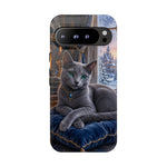 Regal Russian Blue Cat on Cushion Phone Case | Winter Castle Scene