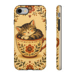 Teacup Cat Phone Case, Cozy Folk Illustration Art Cover