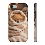 Pomeranian Puppy Burrito Phone Case, Cozy Blanket Portrait