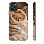 Pomeranian Puppy Burrito Phone Case, Cozy Blanket Portrait