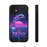 Neon Dolphin Retro Wave Tough Case | Vaporwave Japanese Text, 80s Synth Sunset