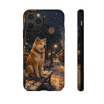 Shiba Inu at Snowy Train Station Phone Case | Winter Dog Scene