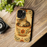 Teacup Cat Phone Case, Cozy Folk Illustration Art Cover