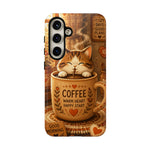 Coffee Cat Phone Case, Cozy Morning Folk Art Cover, Gift